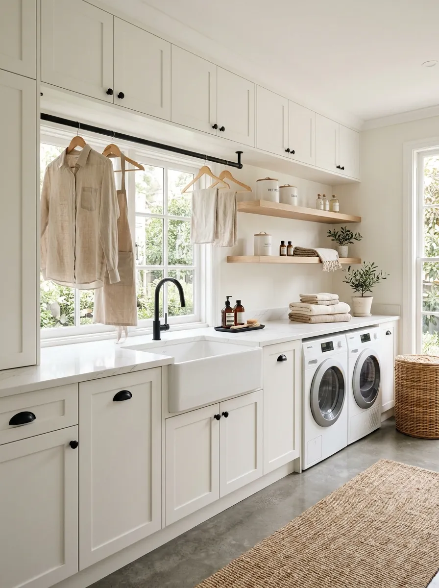 modern farmhouse laundry room ideas Matte Black Fixtures