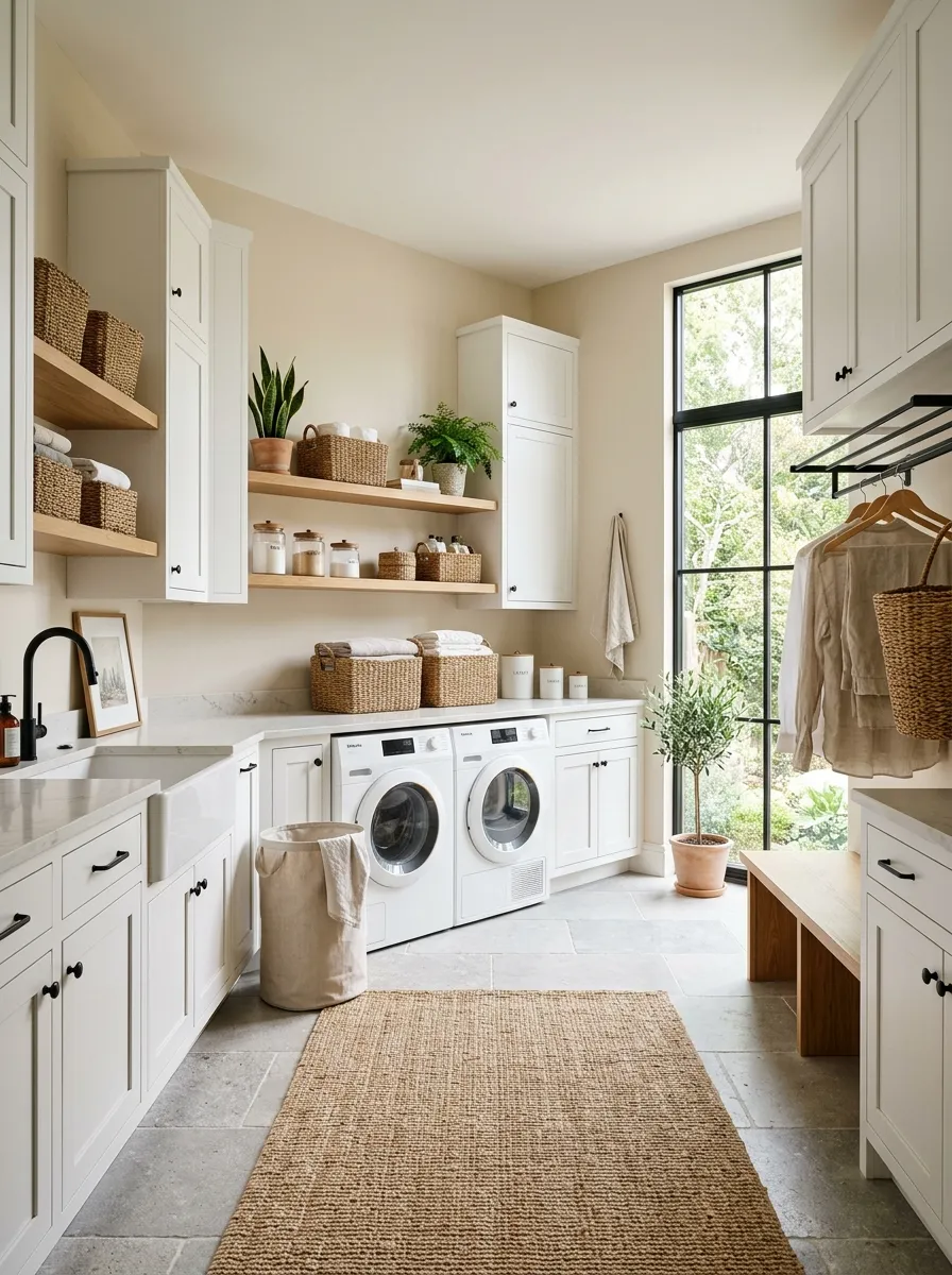 modern farmhouse laundry room ideas Neutral Stone Flooring