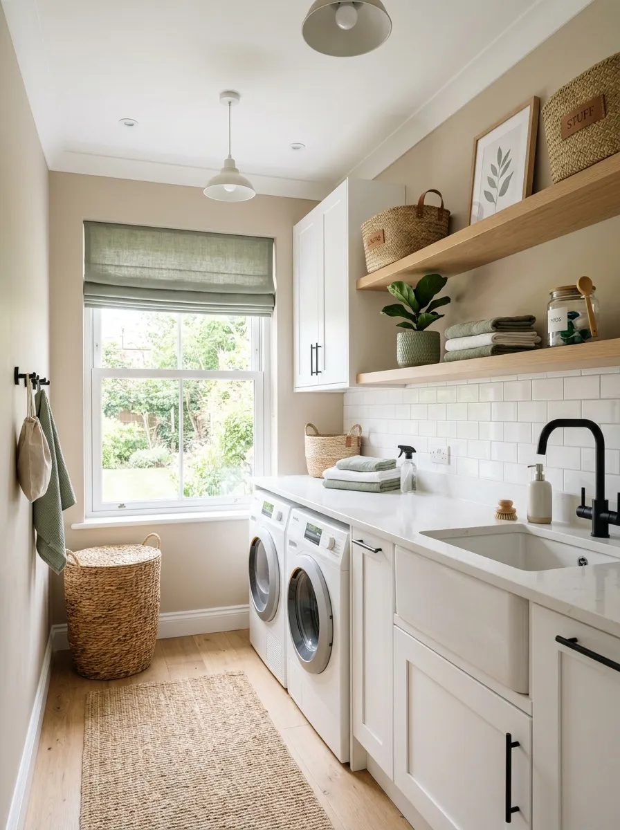 modern farmhouse laundry room ideas Soft Sage Accents