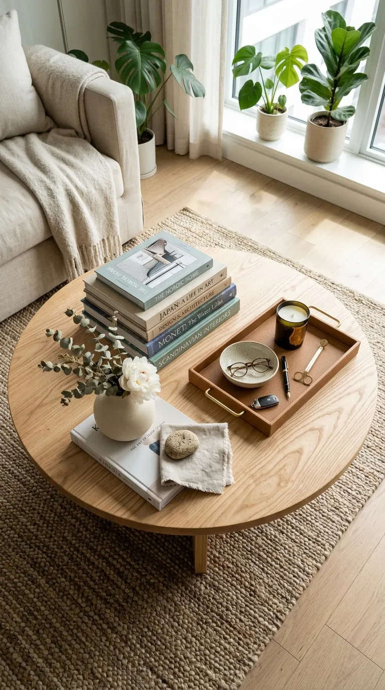 round modern coffee table decor ideas Layered Book Styling