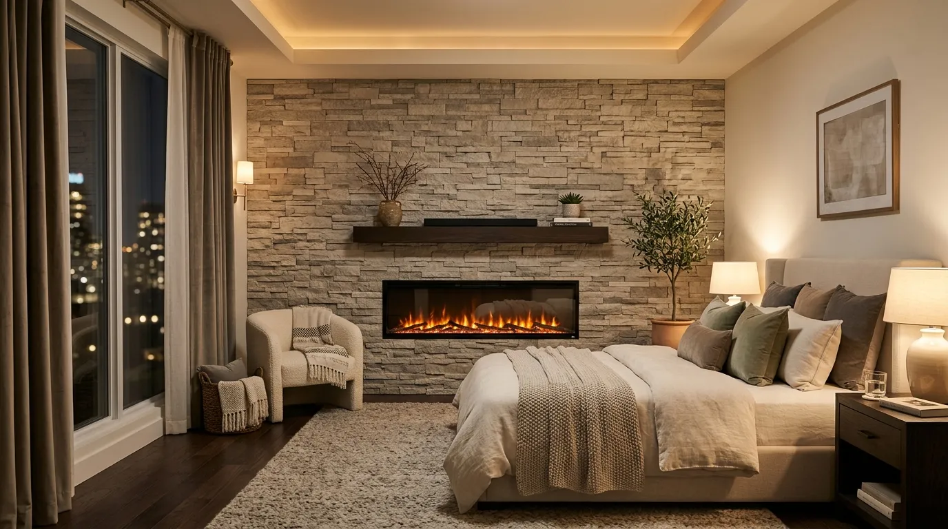 small apartment bedroom ideas for couples Compact Accent Fireplace