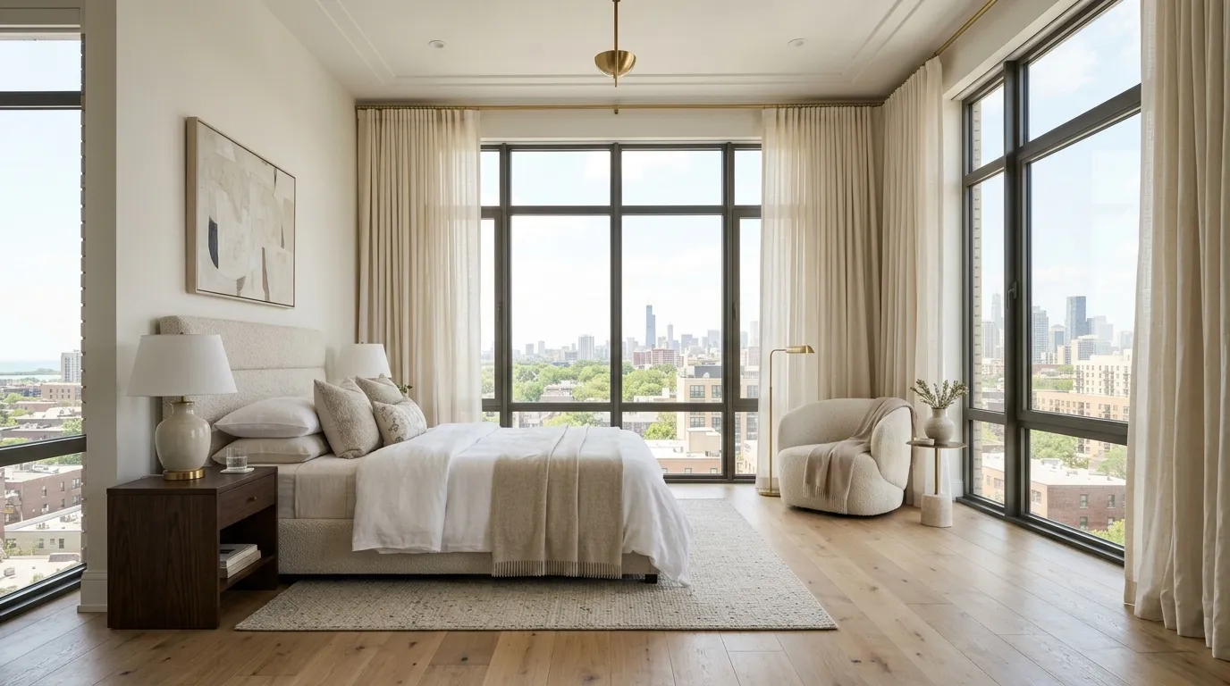 small apartment bedroom ideas for couples Floor-to-Ceiling Curtains