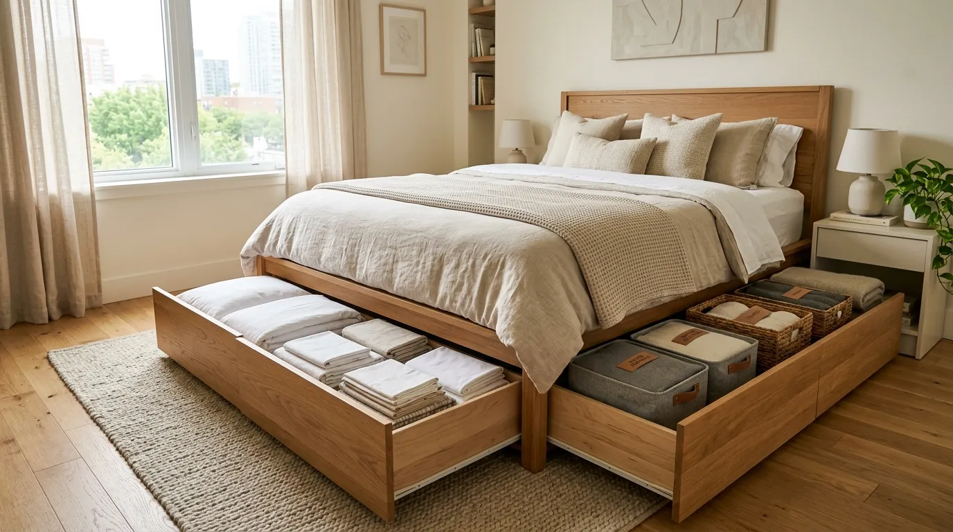 small apartment bedroom ideas for couples Hidden Under-Bed Storage