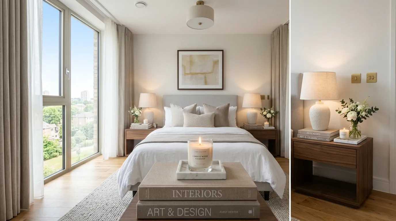small apartment bedroom ideas for couples Matching Bedside Décor