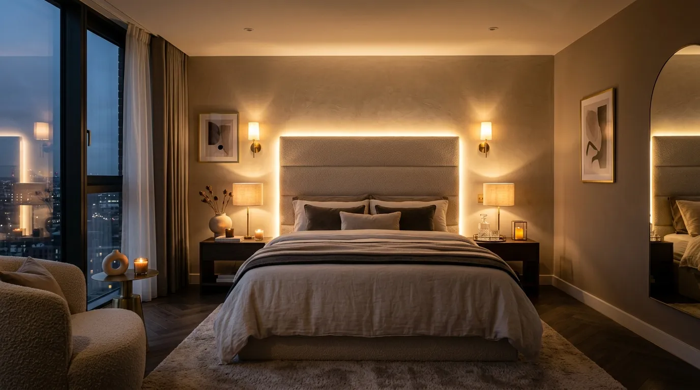 small apartment bedroom ideas for couples Warm Ambient Lighting