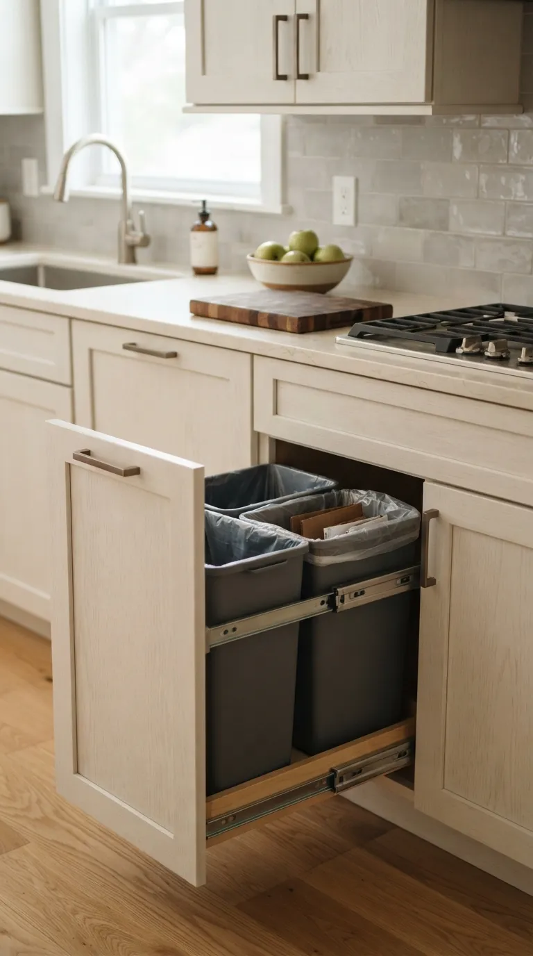 small apartment kitchen organization ideas Add a Narrow Trash Station