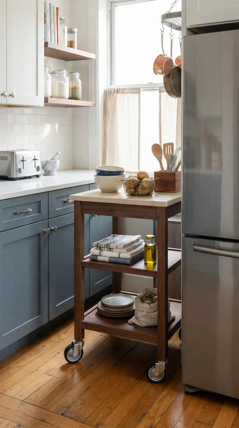 small apartment kitchen organization ideas Add a Slim Rolling Cart