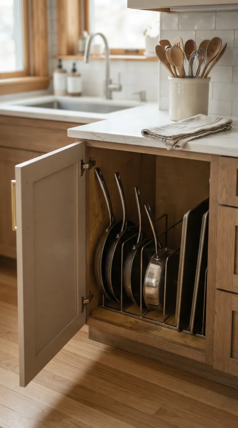 small apartment kitchen organization ideas Store Pans Sideways