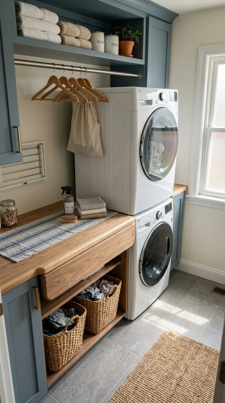 stackable washer dryer laundry room ideas Add a Slim Folding Counter