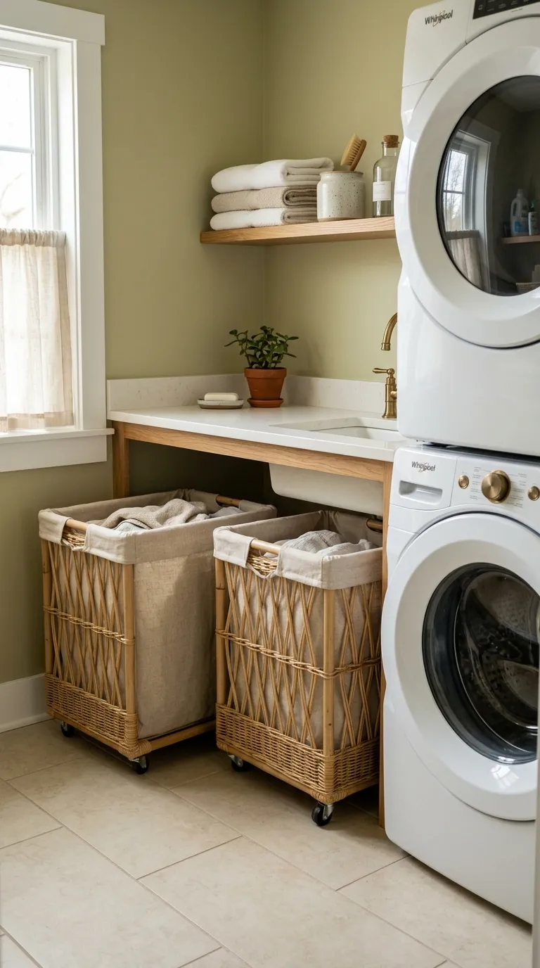 stackable washer dryer laundry room ideas Add Rolling Laundry Baskets
