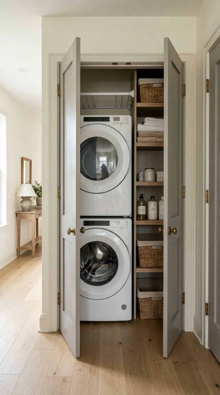 stackable washer dryer laundry room ideas Create a Hidden Laundry Closet