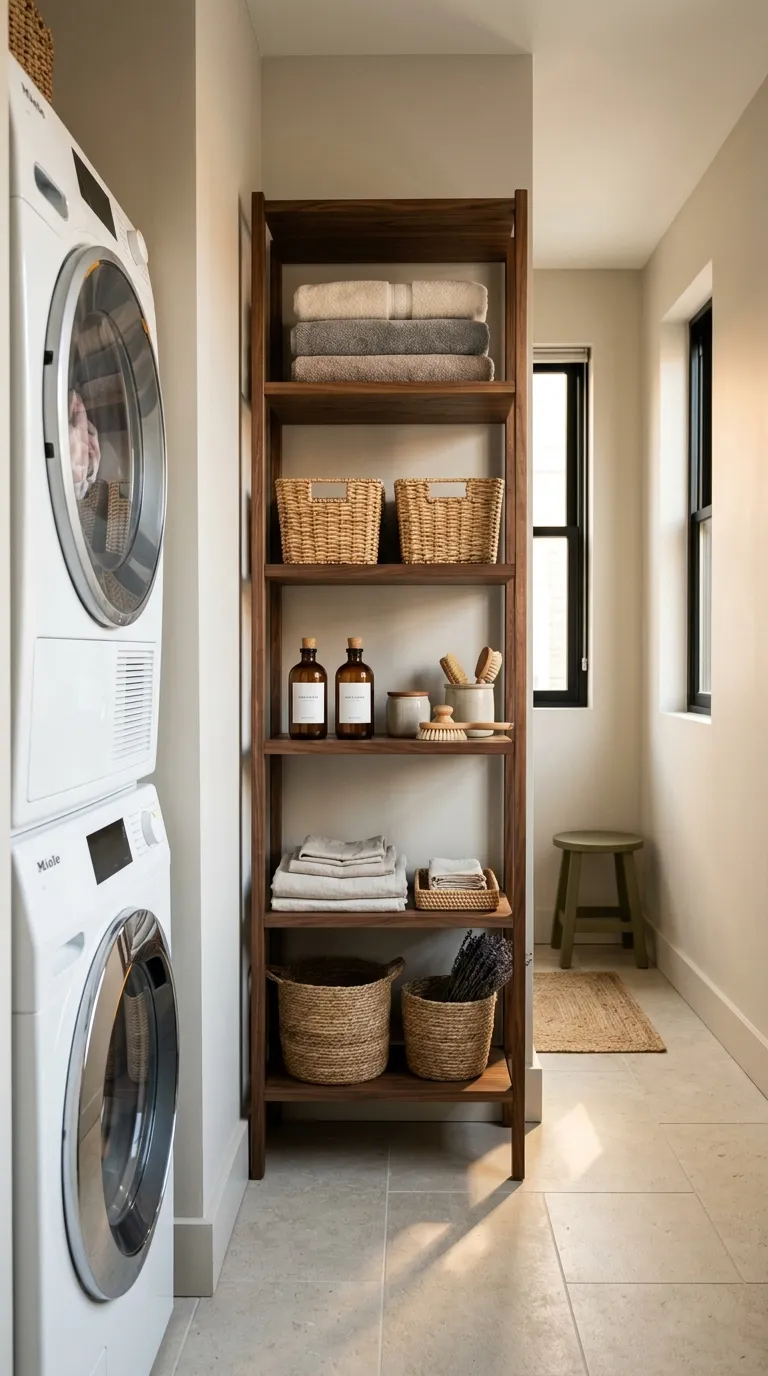 stackable washer dryer laundry room ideas Make a Narrow Shelf Tower