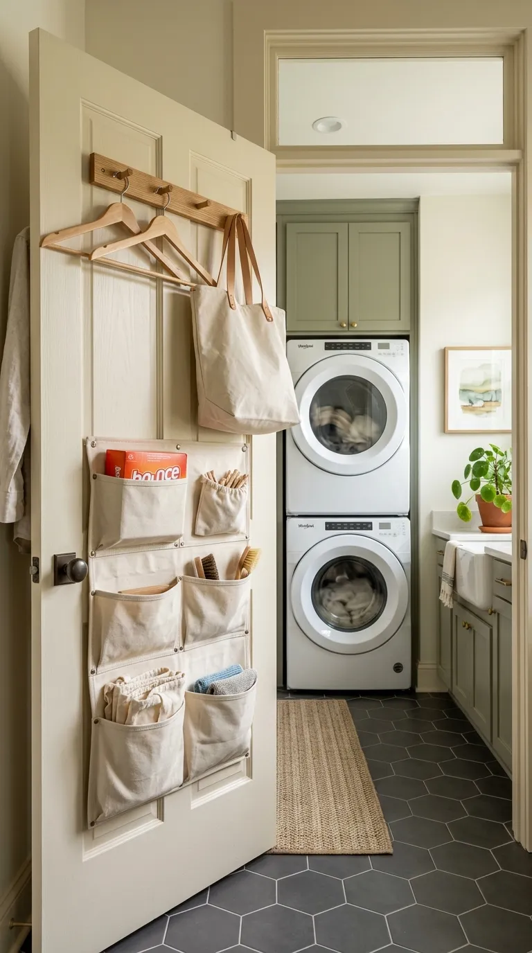 stackable washer dryer laundry room ideas Make Use of the Door