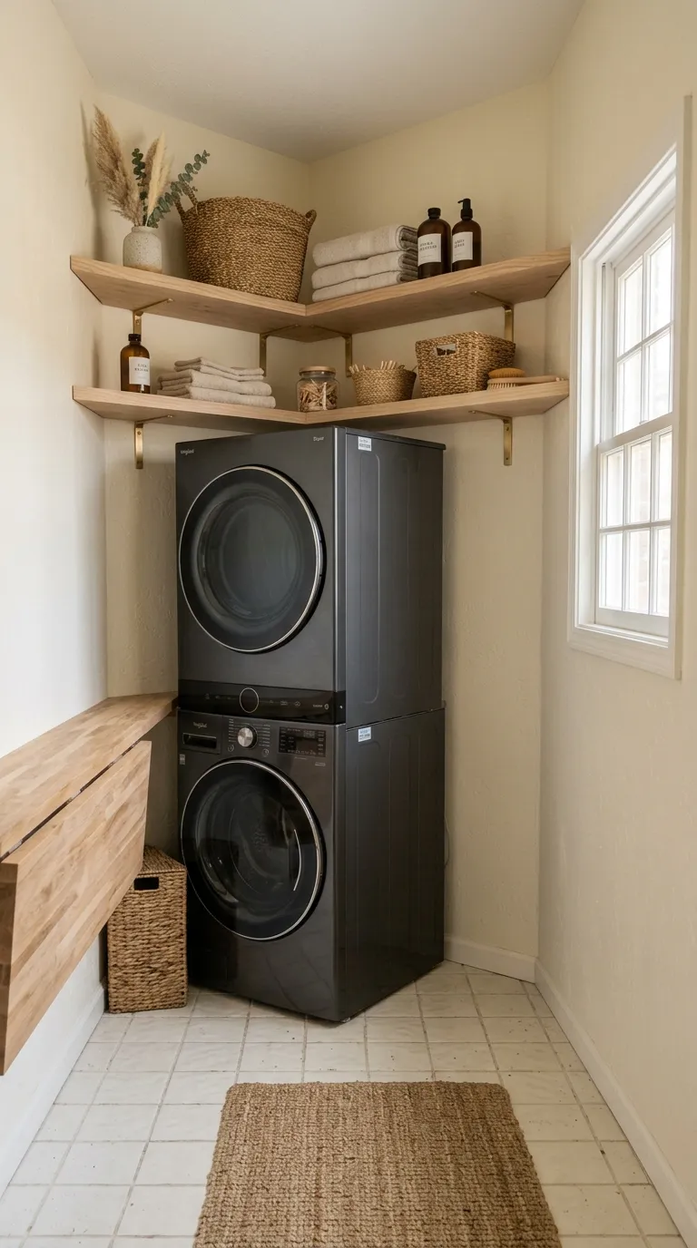 stackable washer dryer laundry room ideas Try Open Wood Shelves