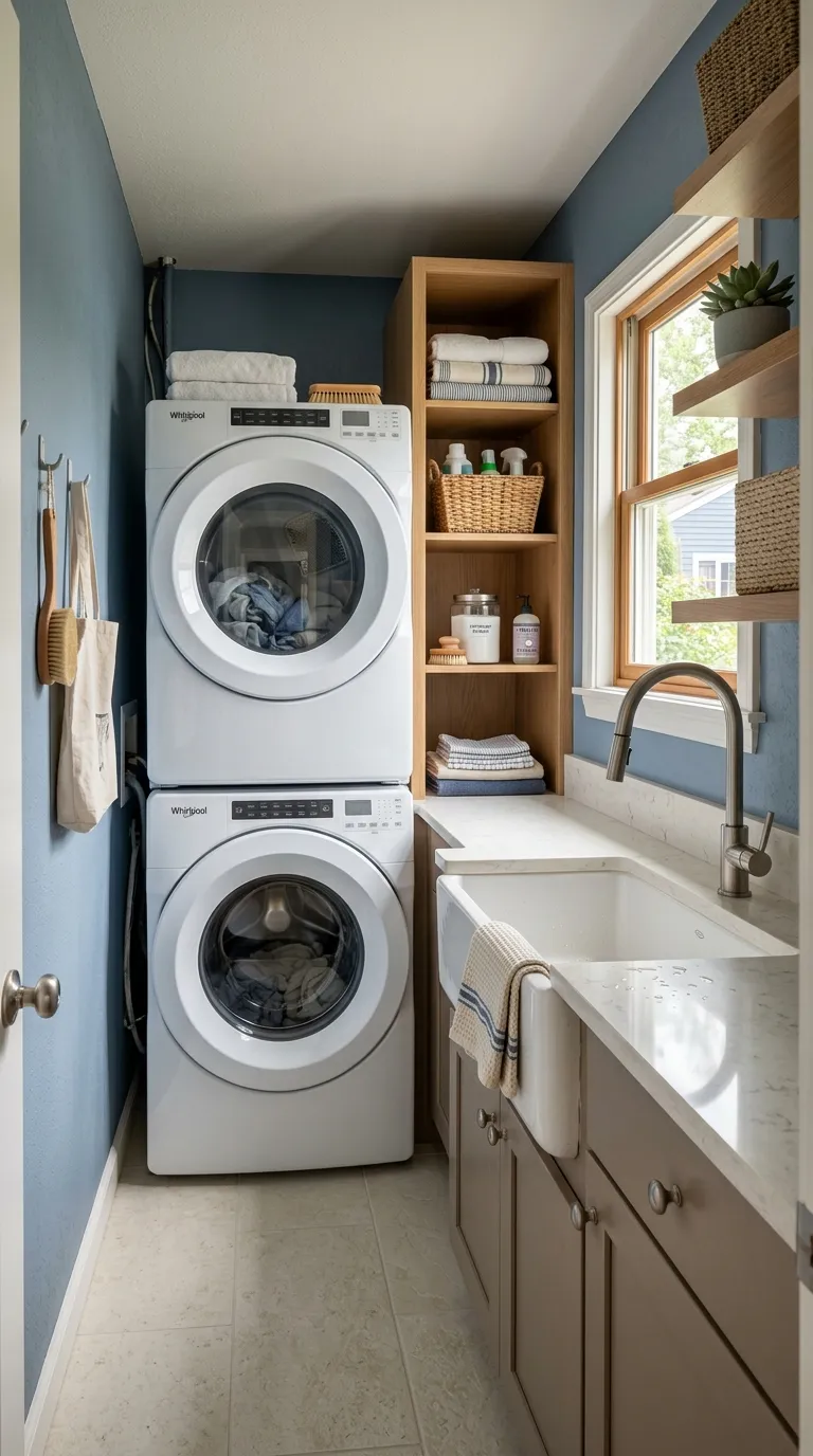 stackable washer dryer laundry room ideas Tuck In a Utility Sink