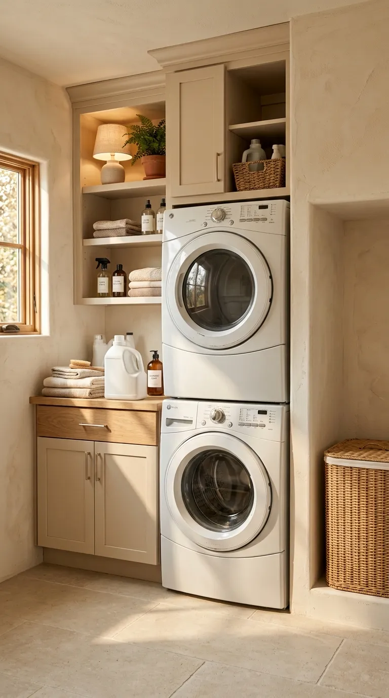 stackable washer dryer laundry room ideas Use a Soft Neutral Palette