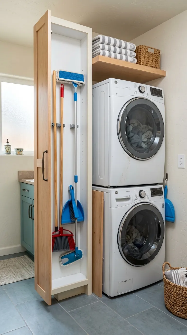 stackable washer dryer laundry room ideas Use Vertical Broom Storage