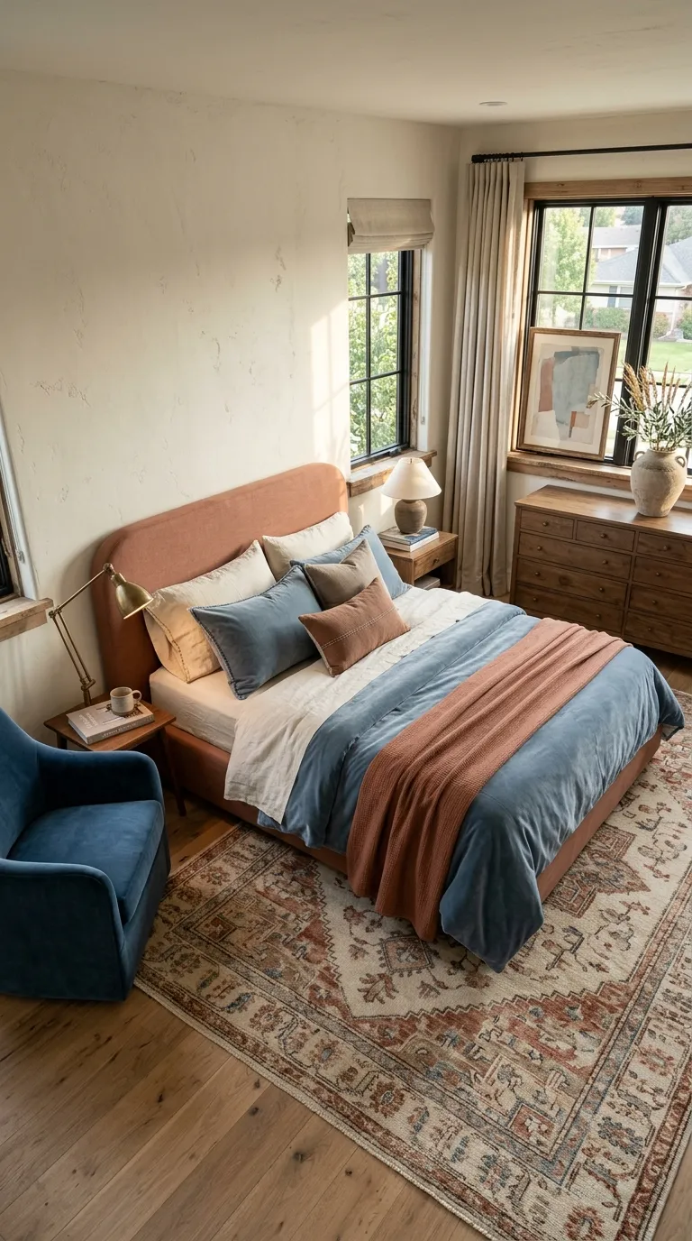 terracotta and blue bedroom decor Balanced Luxury Layers