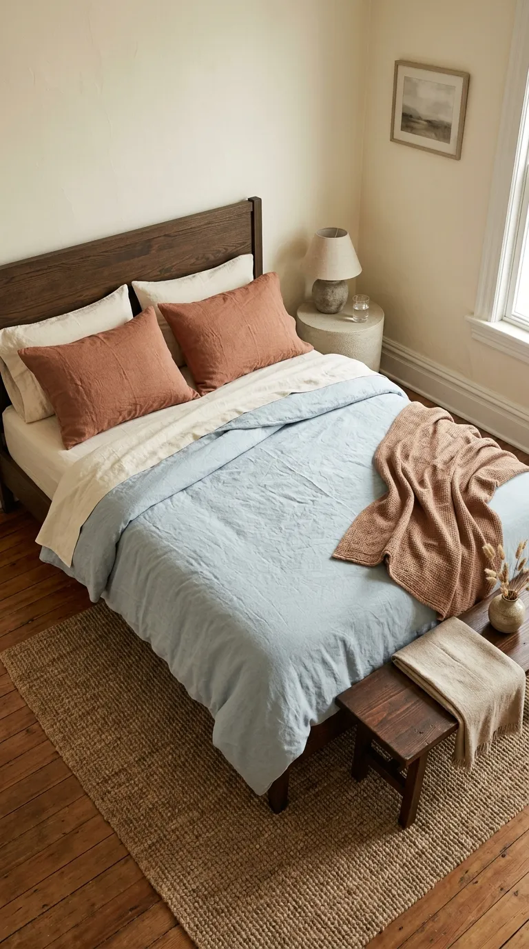 terracotta and blue bedroom decor Blue Linen Bedding