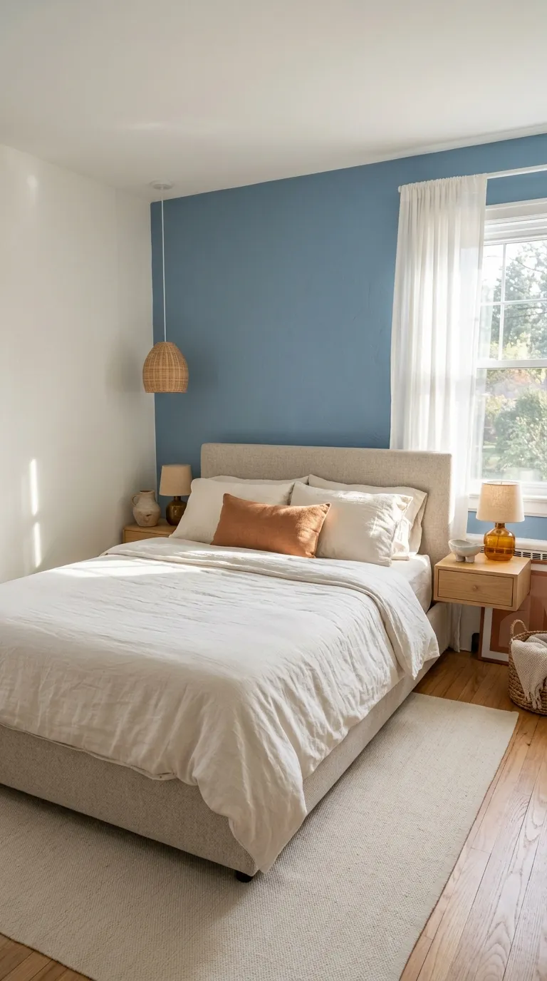 terracotta and blue bedroom decor Blue Painted Accent Wall