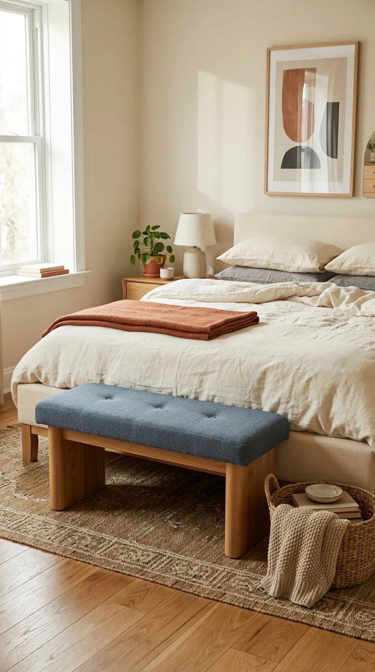 terracotta and blue bedroom decor Blue Upholstered Bench