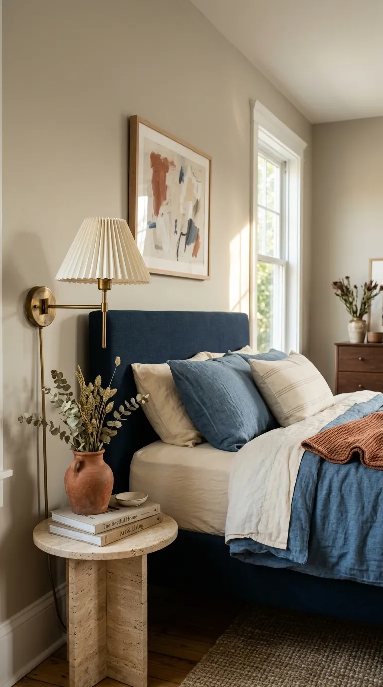 terracotta and blue bedroom decor Brass Lighting Details