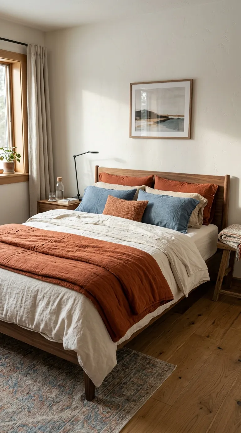 terracotta and blue bedroom decor Layered Terracotta Bedding