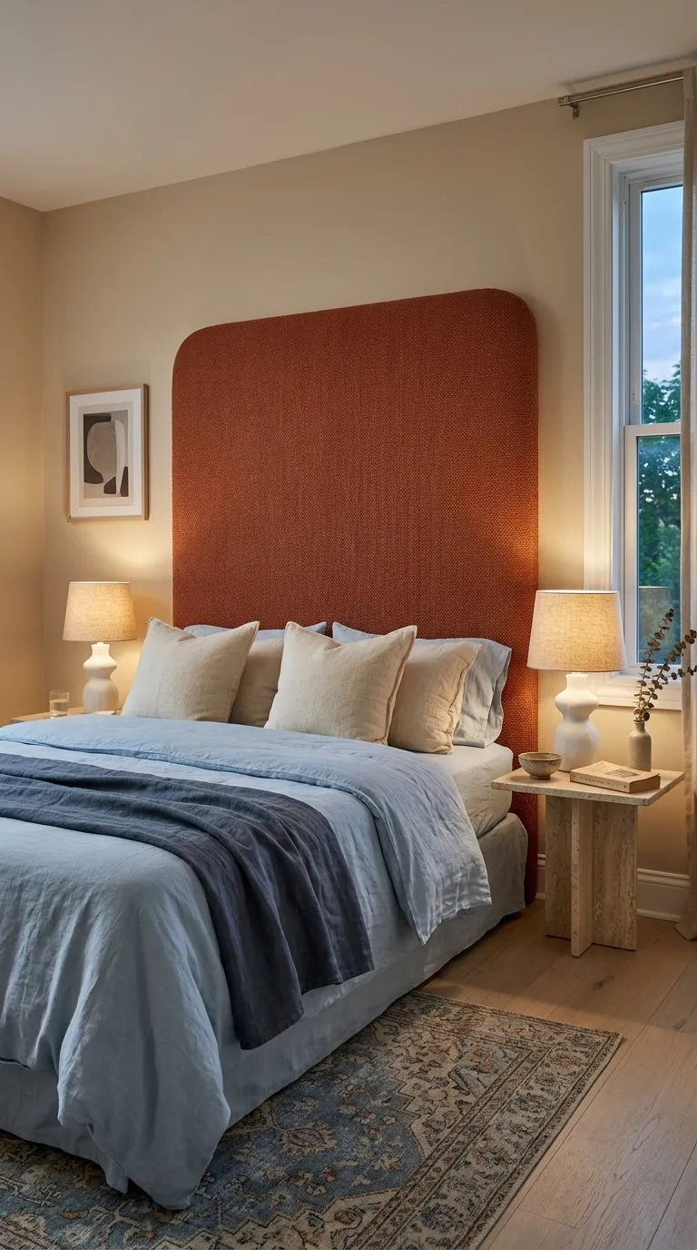 terracotta and blue bedroom decor Terracotta Upholstered Headboard