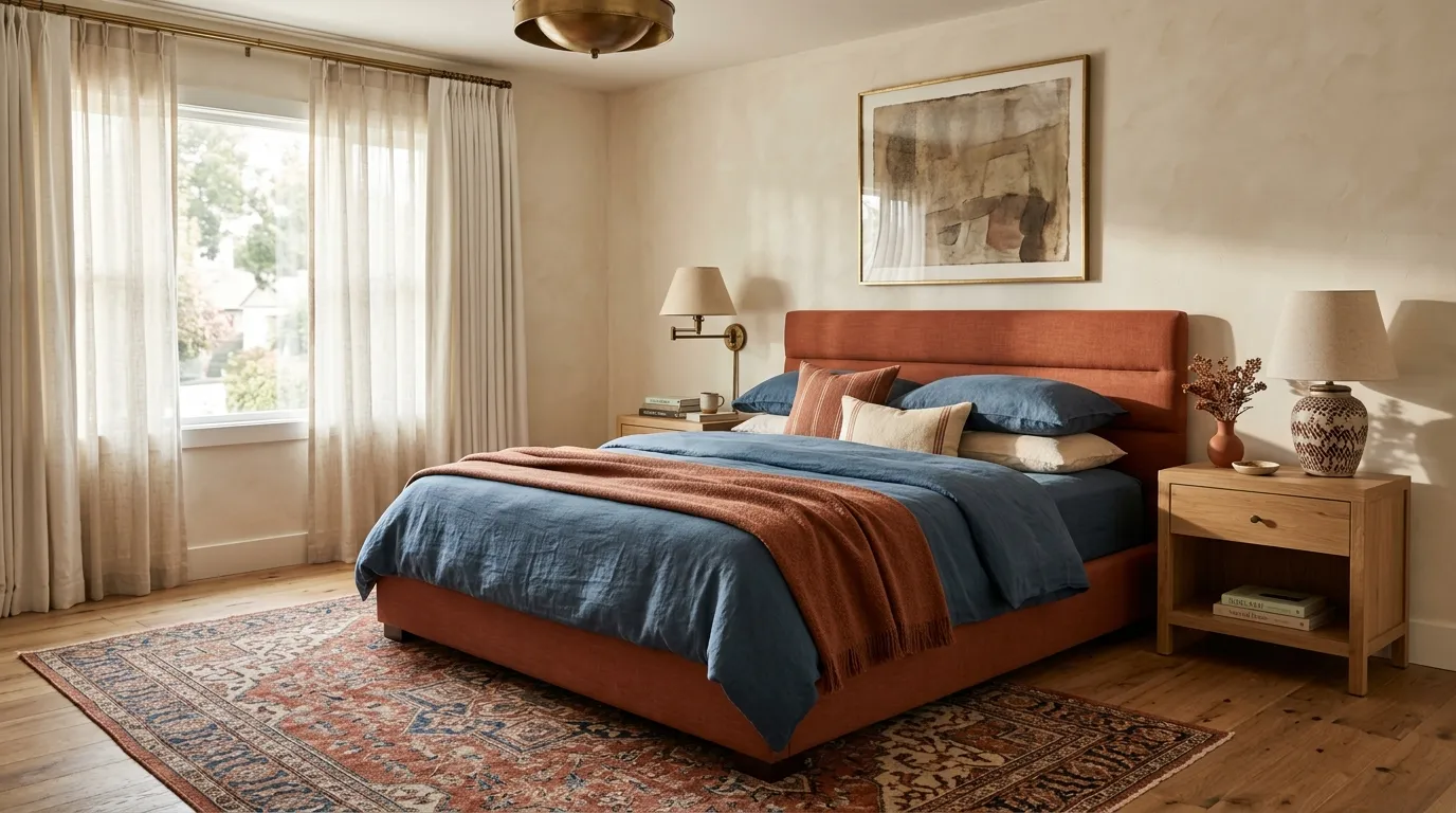 terracotta and blue bedroom decor