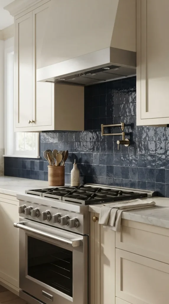 Blue Backsplash Behind The Range