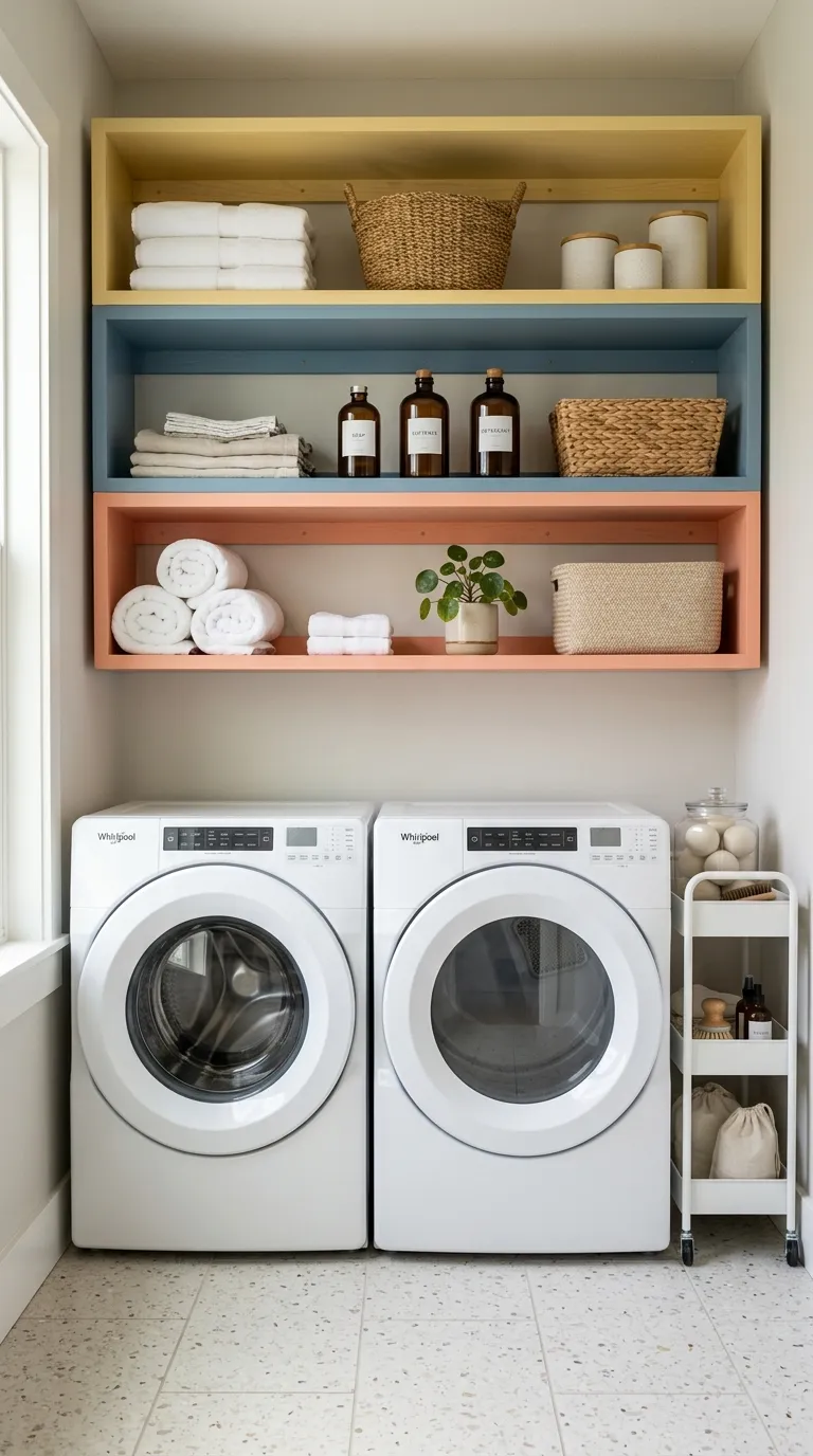 aesthetic laundry room ideas Colorful Open Shelves