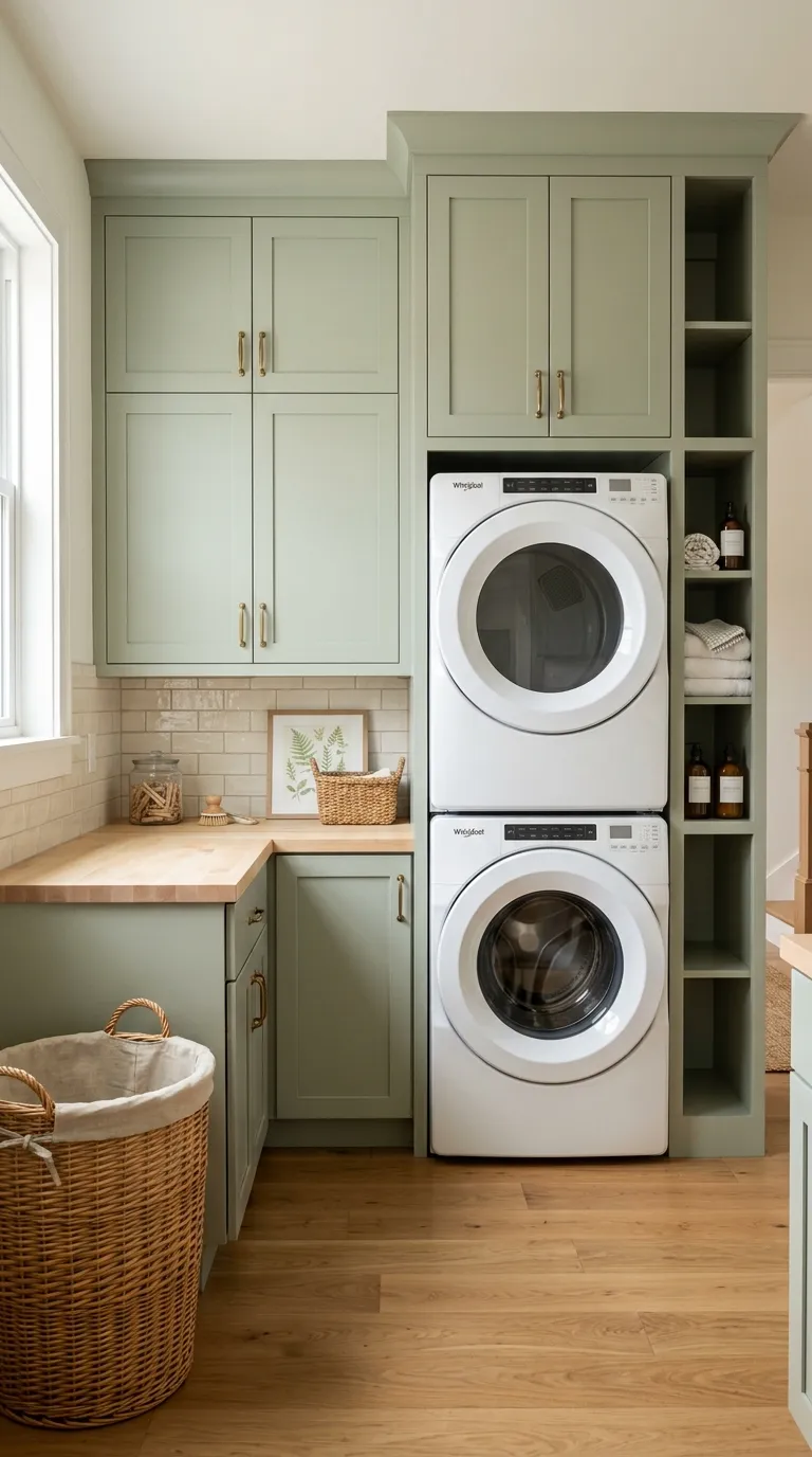 aesthetic laundry room ideas Soft Sage Cabinets
