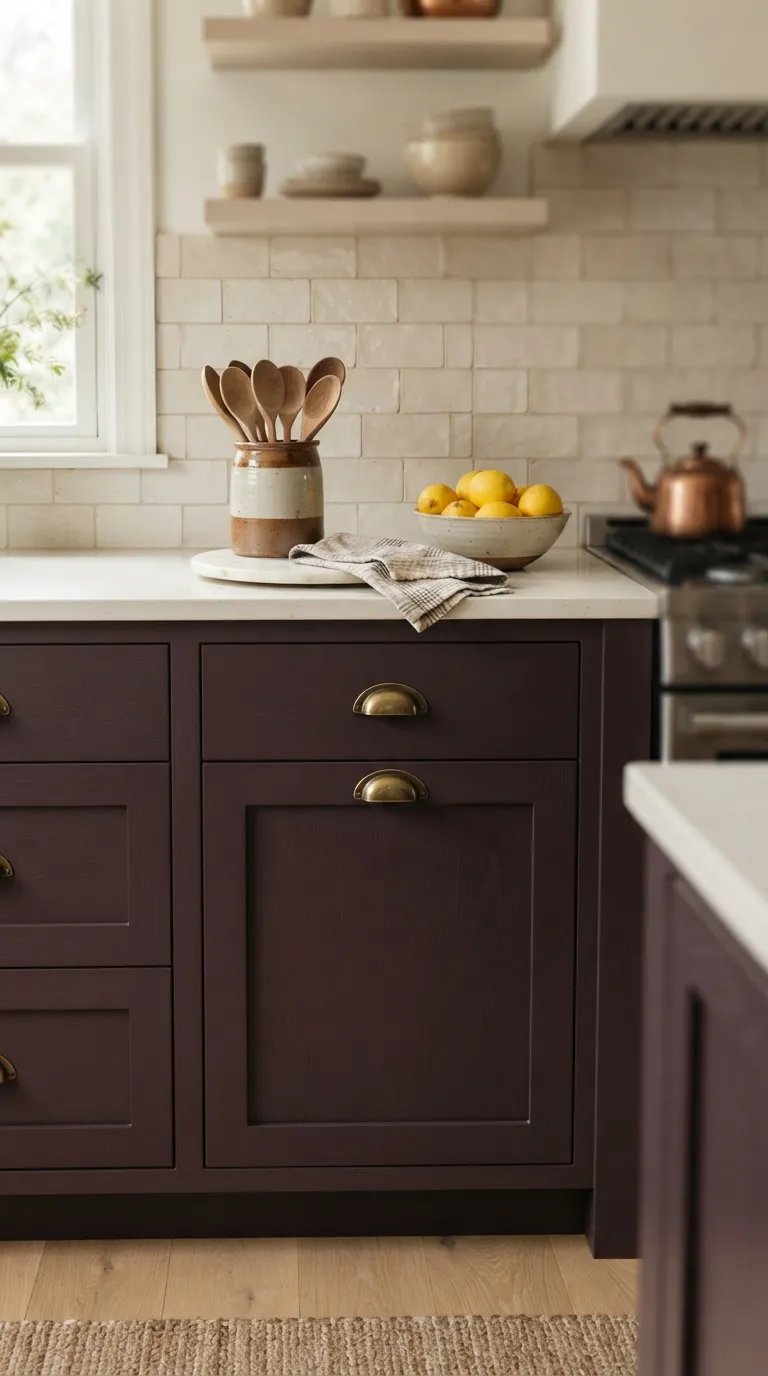 Aubergine Kitchen Ideas Aubergine Cabinets With Cream Subway Tile