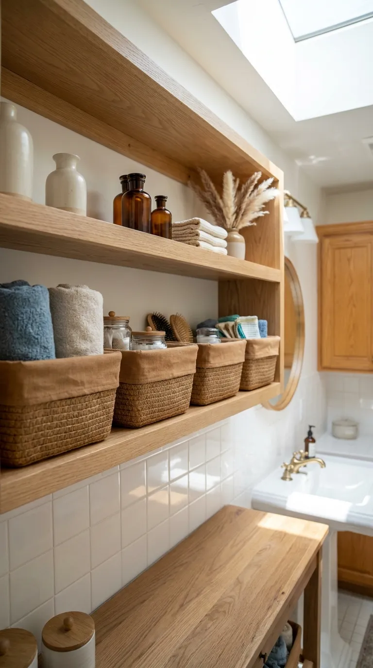 bathroom shelf decor and storage ideas Baskets Under Open Shelves