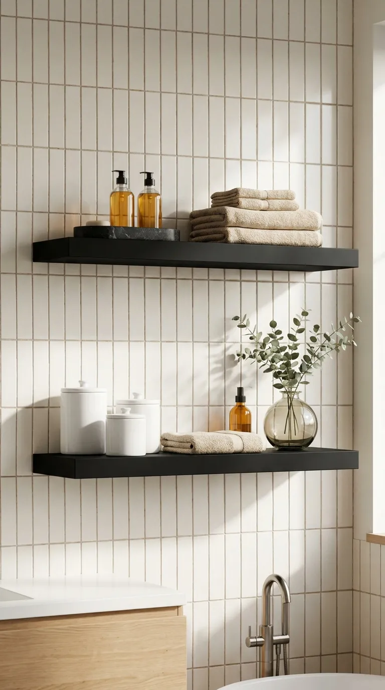 bathroom shelf decor and storage ideas Black Shelves With Contrast