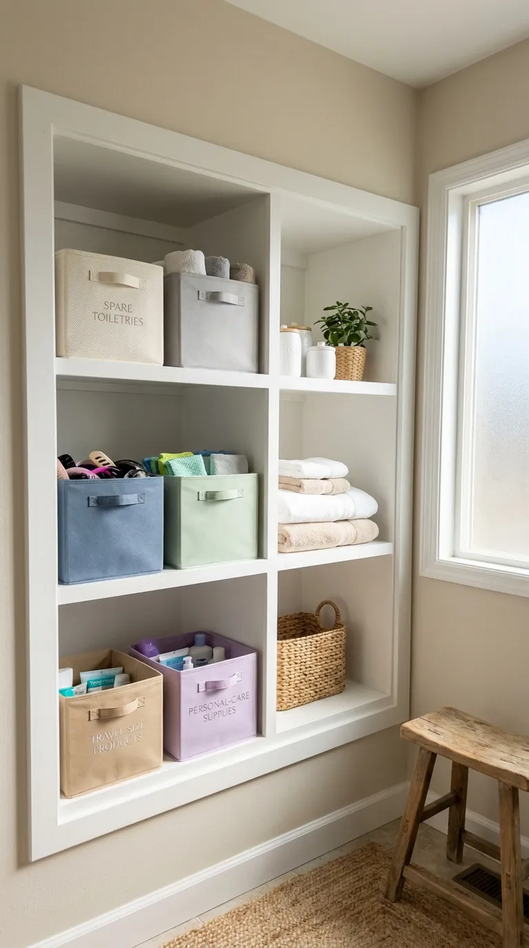 bathroom shelf decor and storage ideas Color-Coded Bathroom Bins