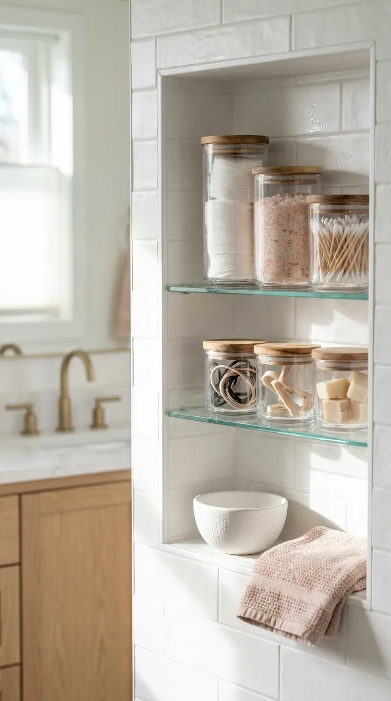 bathroom shelf decor and storage ideas Glass Jars for Small Items