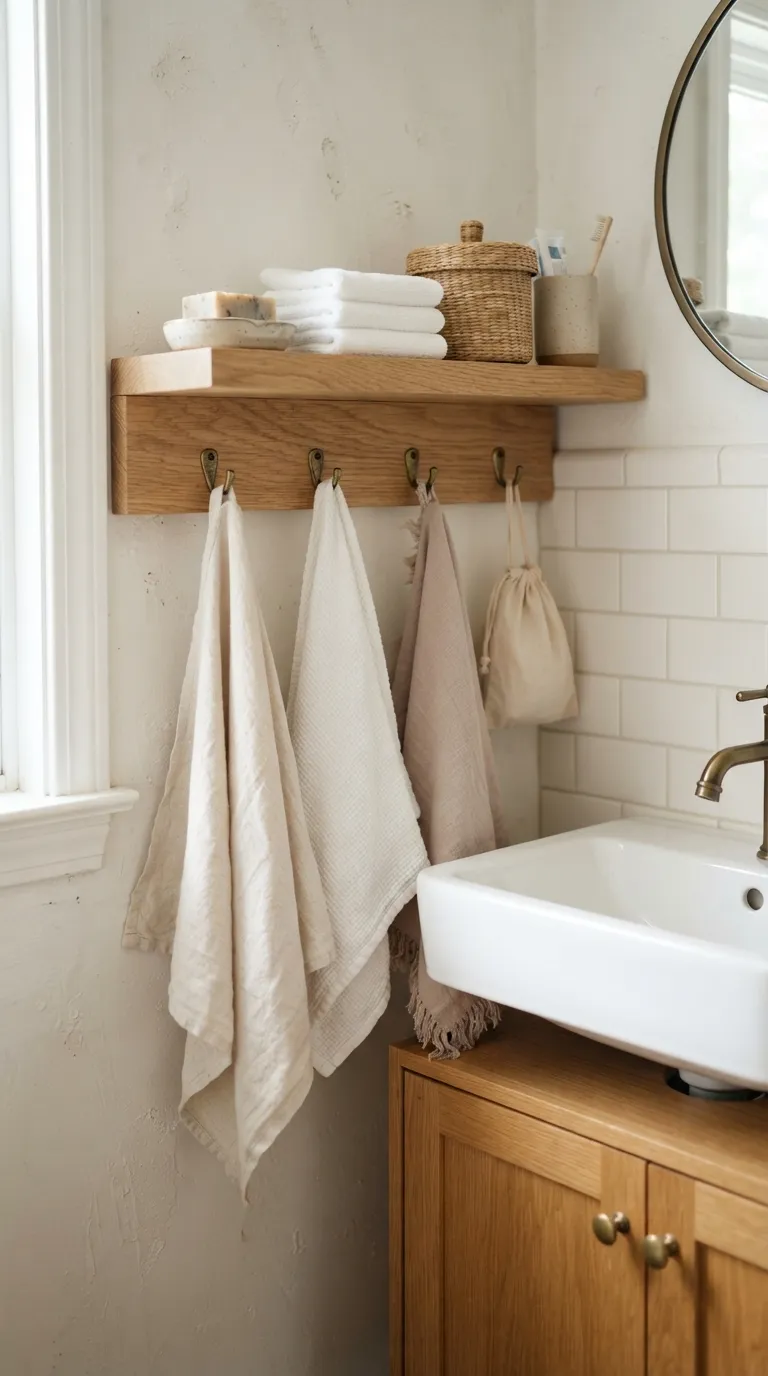bathroom shelf decor and storage ideas Hooks Beneath Shelves