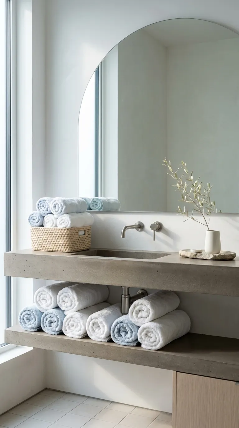 bathroom shelf decor and storage ideas Rolled Towels on Display