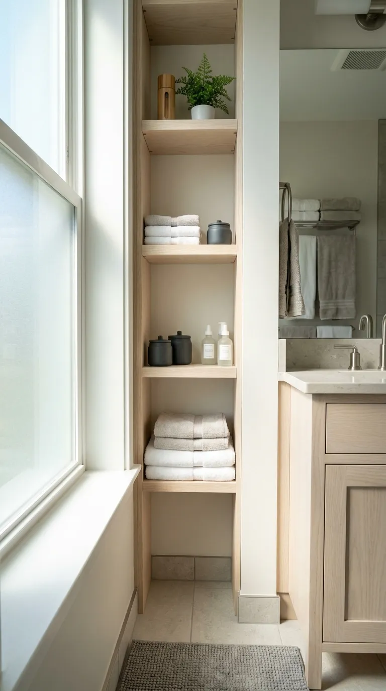 bathroom shelf decor and storage ideas Slim Shelves Beside Vanity