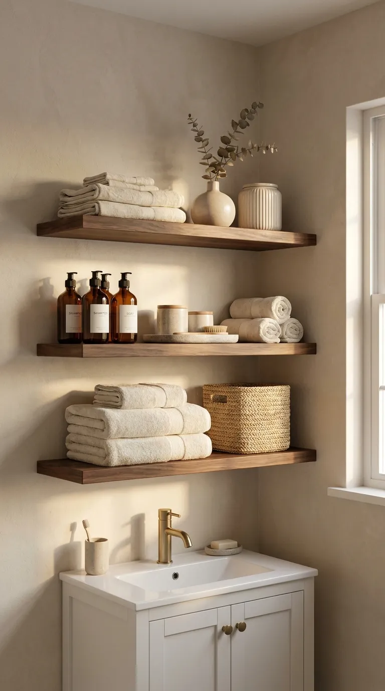 bathroom shelf decor and storage ideas Warm Wood Shelves