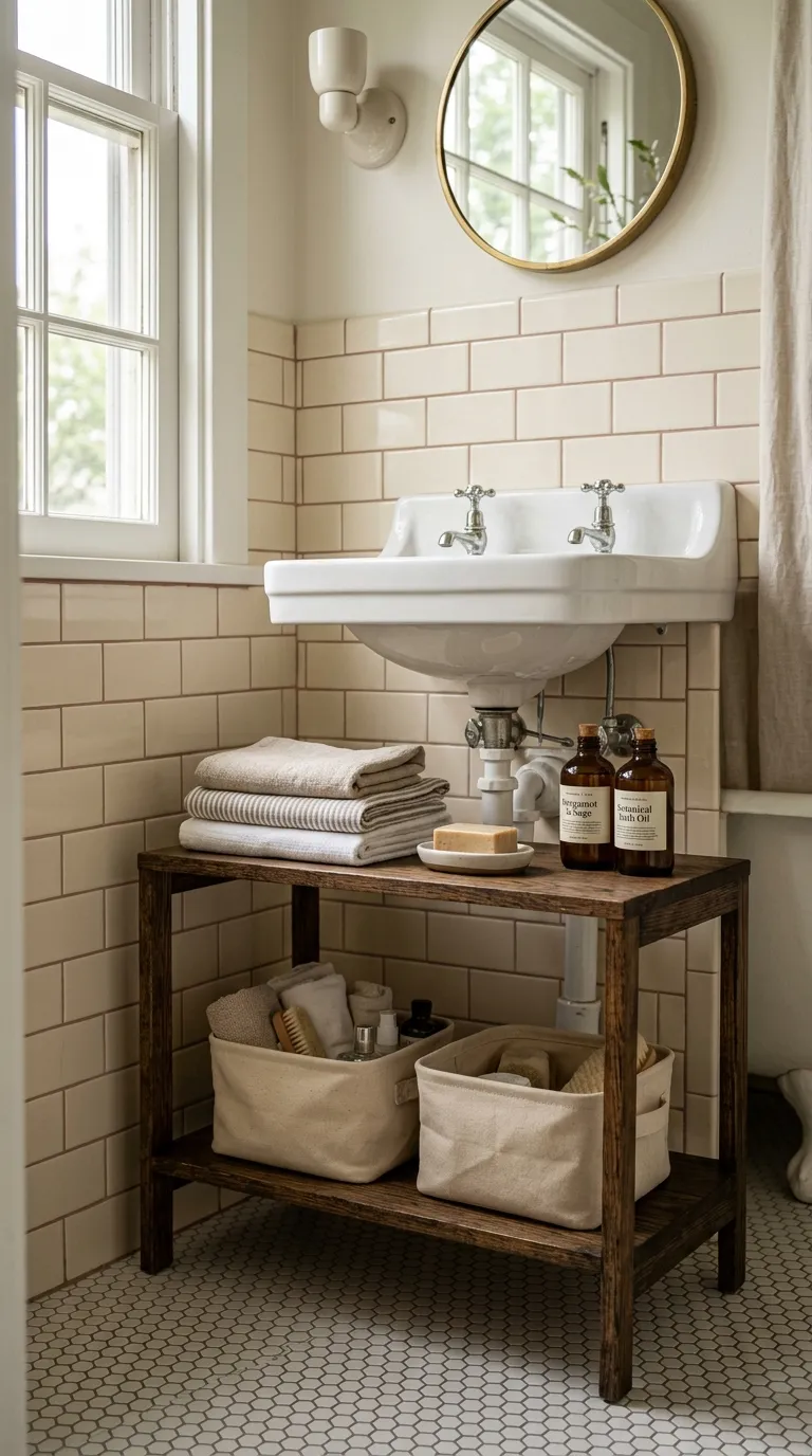 bathroom storage ideas without cabinets Add a Freestanding Sink Shelf