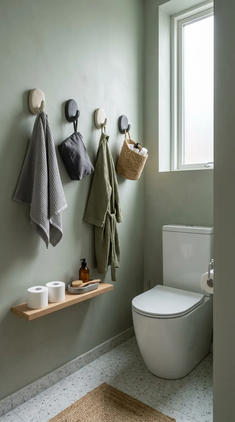 bathroom storage ideas without cabinets Add Hooks Above the Toilet