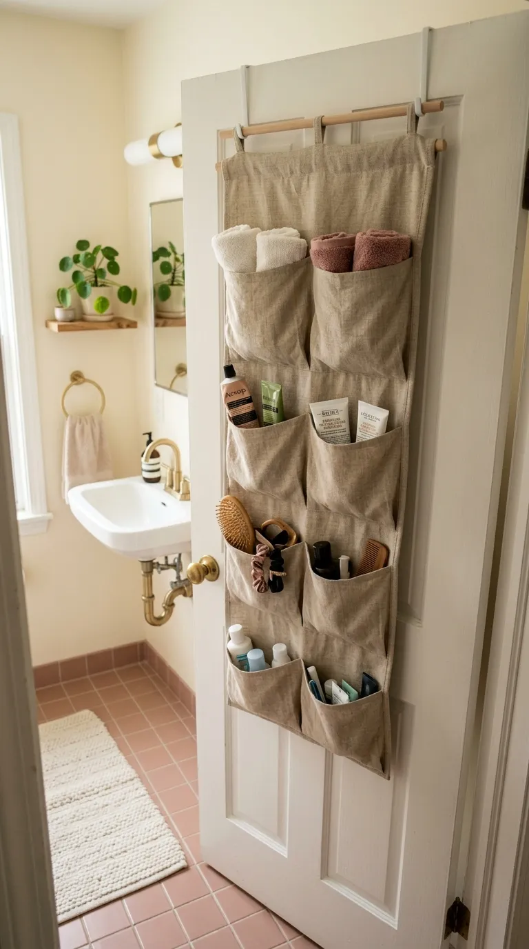 bathroom storage ideas without cabinets Hang a Fabric Organizer