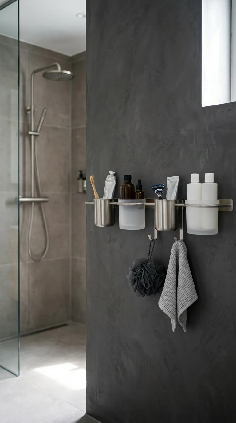 bathroom storage ideas without cabinets Hang a Slim Toiletry Rail