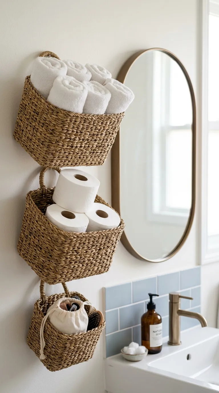 bathroom storage ideas without cabinets Hang Baskets on the Wall