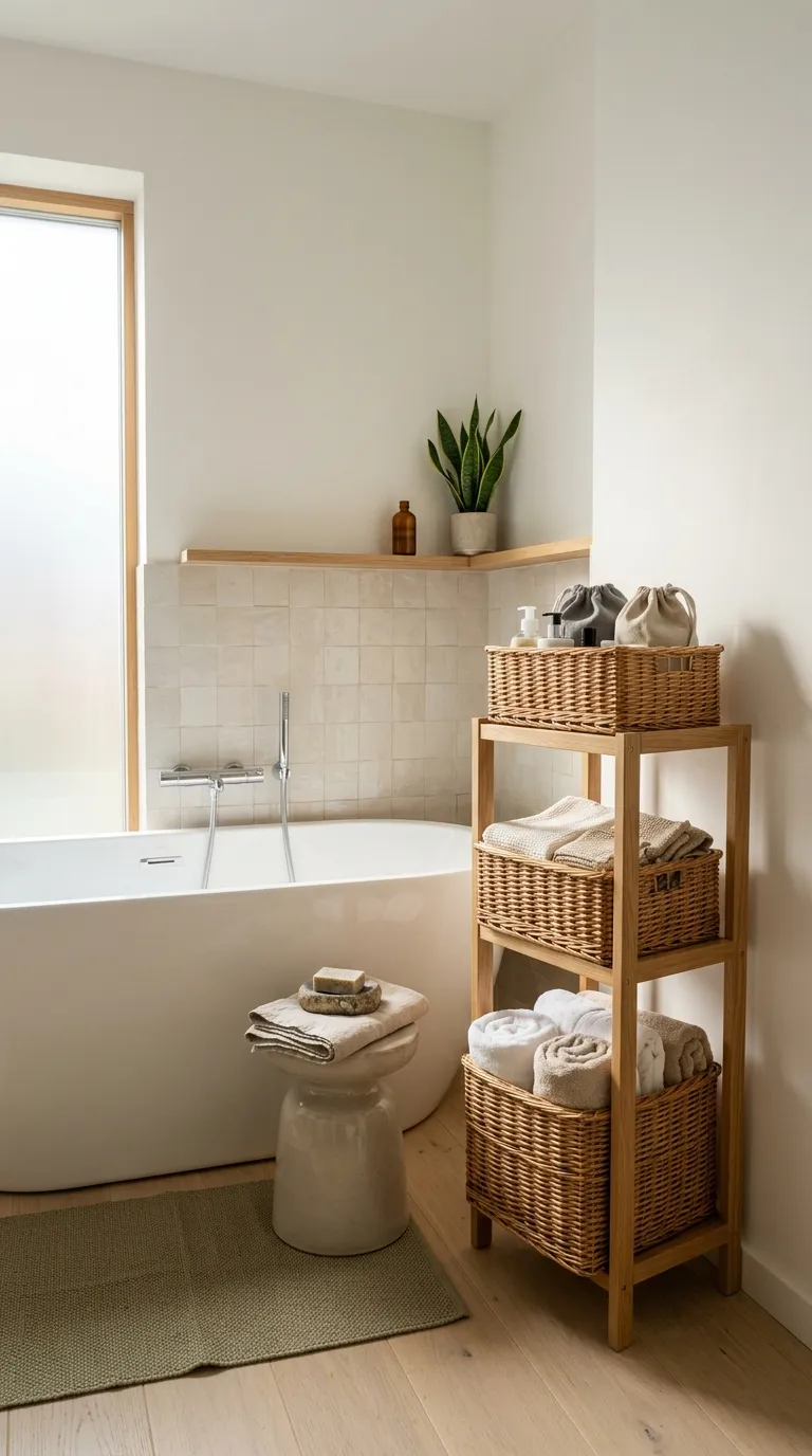 bathroom storage ideas without cabinets Stack Woven Baskets