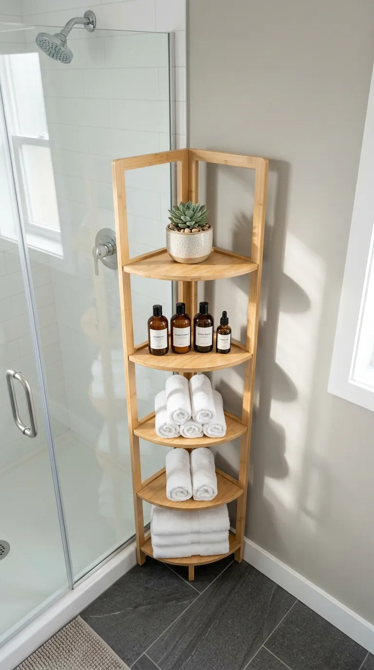 bathroom storage ideas without cabinets Try a Corner Shelf Tower