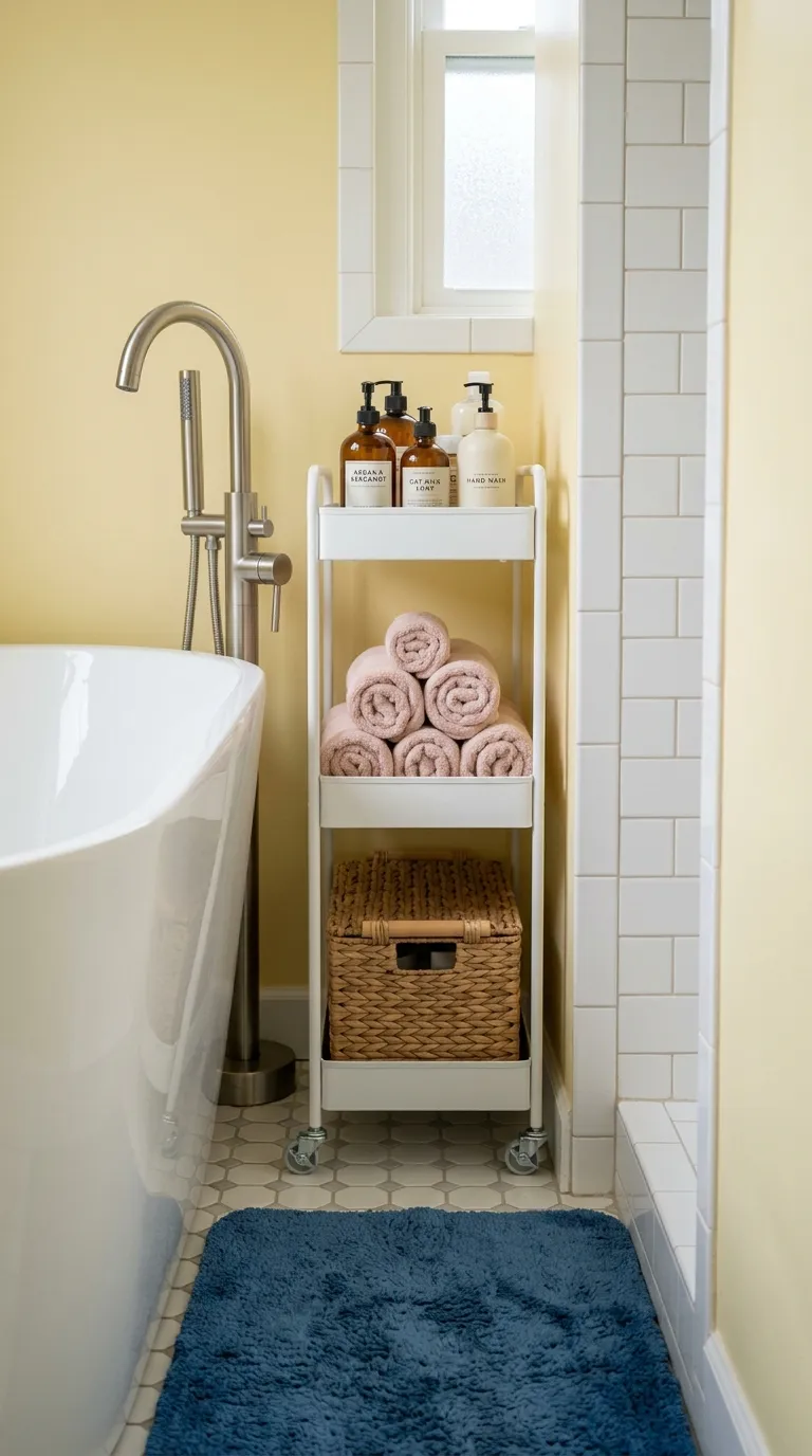 bathroom storage ideas without cabinets Try a Narrow Rolling Shelf