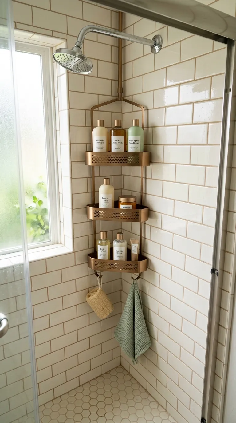 bathroom storage ideas without cabinets Use a Hanging Corner Caddy